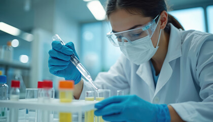 Aufkleber - Scientist pipettes liquid sample into test tubes in lab. Scientific research involves precision, healthcare. Modern medical lab procedure. Lab technician wearing protective eyewear, mask. Laboratory