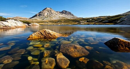 Wall Mural - video of scenic mountain lake landscape with clear water rocks and distant mountain range under a bl