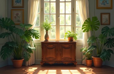 Aufkleber - Cozy interior with antique wooden cabinet, sunny window, indoor plants. Classic design, home decor, vintage style, comfortable apartment with monstera. Serene, bright ambiance, natural light creates