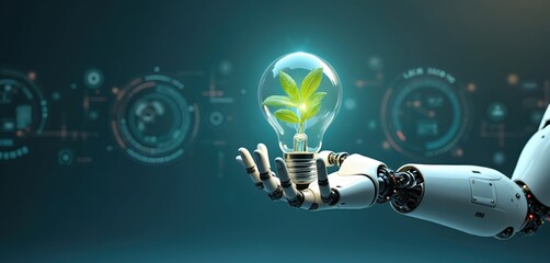 Poster - Robotic arm holds light bulb with green plant inside. Eco-friendly technology concept. Sustainable energy. Renewable resources. Bio-tech future. Protecting planet from pollution. Innovation in