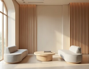 Poster - Modern waiting room interior. Beige walls, light grey sofas. Simple wooden decor creates minimalist style for warm, comfortable modern feel. Design emphasizes space, natural light.