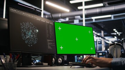 Poster - Close up of data center technician using green screen PC to monitor neural network AI. Server room worker using chroma key computer to oversee rigs powering machine learning processes, camera A