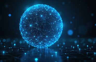 Aufkleber - Futuristic digital art concept showing globe of connected dots lines. Bright glowing particles form sphere. Represents global network, data transfer, internet, cyber security, innovation,