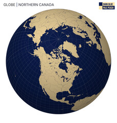 Poster - Vector Globe centered to Northern Canada. Dark Blue Pale Peach palette. World map with meridians, parallels, countries, rivers and lakes. Artistic vector illustration.
