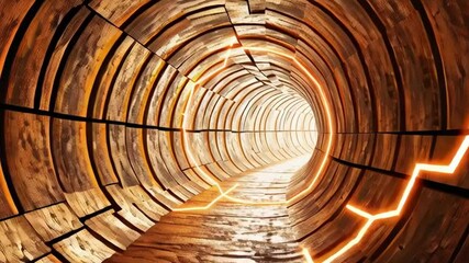 Poster - Illuminated Wooden Tunnel Captivating Journey Through Depth and Mystery with Orange Glow and Intricate Architecture