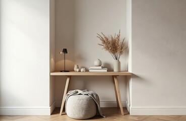Aufkleber - Stylish home office interior with wood desk. Modern minimalist design decor with lamp vase books dry flowers, pouf with blanket. Empty wall space for text.