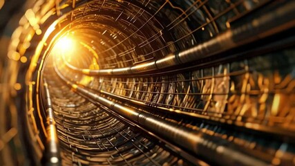 Poster - Intricate tunnel structure with glowing light, metallic pipes, and wires, creating mesmerizing depth and mystery in illuminated interior.