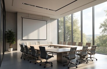 Poster - Modern conference room with large windows and U-shaped table. Empty screen for presentation. Chairs, bright light, business concept. Workspace interior design with sunlight and green outside view.