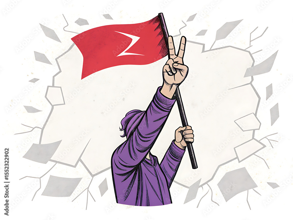 Red Force Sign Person holding red flag with sigma symbol and making peace sign against ...