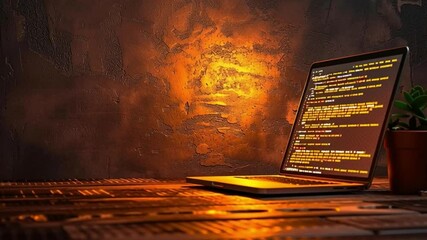 Poster - Cozy Technology Laptop Coding on Wooden Table with Warm Light Creating Inviting Programming Atmosphere
