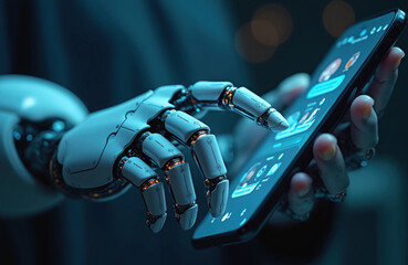 Poster - Robot hand interacts with smartphone screen. AI chatbot app interface concept. Artificial intelligence digital transformation. Chatbot technology, customer support service using mobile app. Robotic