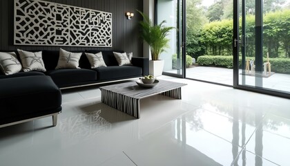 Poster - Modern living room interior design. Black sofa pillows, table. Black, white geometric patterns. Bright natural light from window with view on garden, green trees. Minimalist decor, modern style.