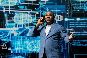 Poster - Business professional engaged in a phone call about deep learning tasks, surrounded by a virtual interface showcasing AI research, network connectivity and high tech innovation.