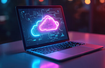 Aufkleber - Laptop displays cloud computing concept with neon glow. Digital cloud data storage, backup technology, remote server access. Modern tech innovation, data center security, cyber protection on device.