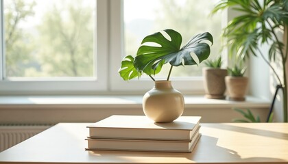 Aufkleber - Monstera leaf in beige vase stands on books at light wooden table. Window background. Sunlight, interior decor, minimalist design, home, cozy atmosphere.