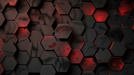 Poster - Modern Geometric Design Striking Hexagon Pattern with Dark Texture and Red Accents for Dynamic Visual Appeal