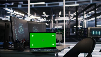 Poster - Mockup laptop and computer in data center used in artificial intelligence model deployment. Isolated screen devices in server farm set up to simulate AI environment diagnostics