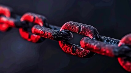 Poster - Close up of metallic chain with striking red hue, showcasing its rugged texture and strength against dark background.