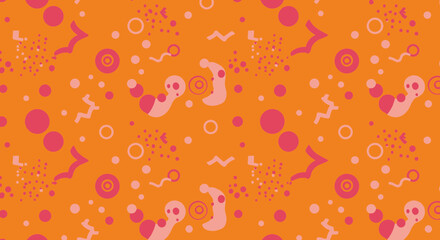 Poster - Vibrant orange background featuring retro geometric elements and playful shapes seamless design