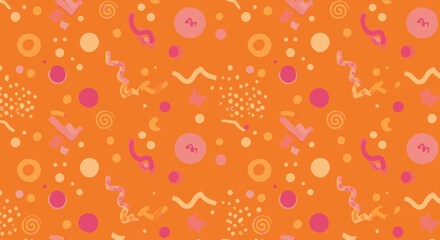 Poster - Playful orange background featuring whimsical shapes, circles, swirls and more