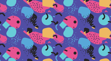 Poster - Vibrant abstract pattern with geometric shapes on a purple background evoking a retro aesthetic