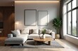 © miss irine - Contemporary living room interior design in modern style. Cozy sofa with pillows. Wooden coffee table. Empty frames for art. Large windows, sunlight. Decorative plants add touch of nature to interior.