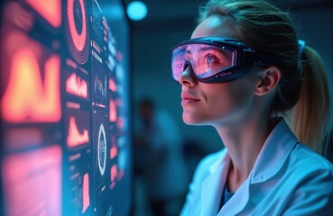 Aufkleber - Female medical professional looks at screen, innovative health tech. Smart glasses display data, graphs. Futuristic lab tech, research environment. Healthcare diagnostics, telemedicine, AI, big data