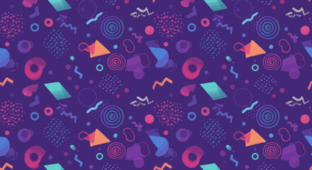 Poster - Playful and vibrant retro Memphis style pattern in cool-toned purple background