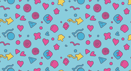 Poster - Playful and vibrant seamless pattern featuring assorted geometric shapes and designs