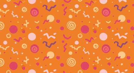 Poster - Whimsical retro pattern design with vibrant circles and abstract shapes on orange background