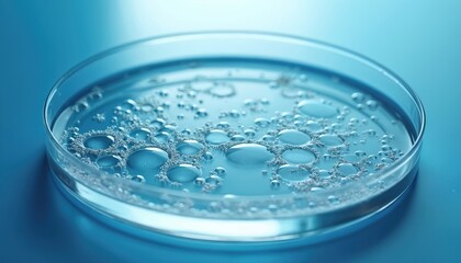 Poster - Close-up shot petri dish clear liquid, bubbles on blue background. Bubbles reflect, water droplets in medical lab. Research, experiment, biology, chemistry, medicine, tech, health care, scientific.