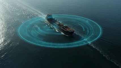 Poster - Futuristic cargo ship leaving a digital trail of information while navigating ocean waters, symbolizing technological advancements in maritime transportation and logistics