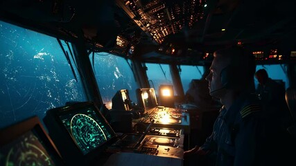 Aufkleber - Ship captain seated in the control room, skillfully operating the vessel while navigating through the night. Illuminated screens and radar charts guide the journey across dark waters