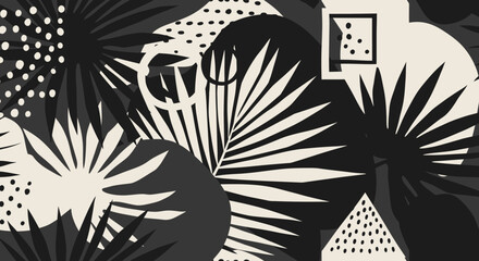 Poster - Monochrome tropical pattern featuring palm leaves and geometric shapes in a modern style