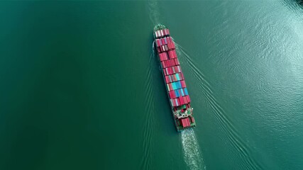 Poster - Large container ship sailing on green water with colorful containers, transporting goods internationally, aerial view from above showcasing global trade and logistics