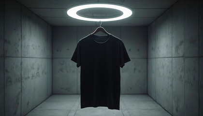 Poster - Black t-shirt hangs in futuristic concrete room. Minimalist studio, modern showcase presentation. Blank apparel, product design for retail, wear advertising. Style garment template.