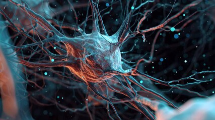 Poster - electric signals are traveling through neuron synapses, showing brain activity and biological proces