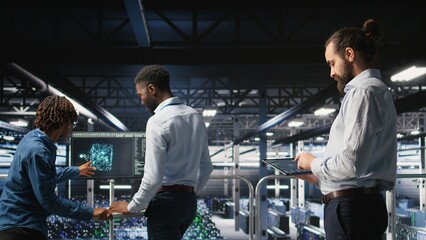 Aufkleber - Programmers on data center industrial platform checking code on tablet, doing software updates. Server farm IT professionals cooperating, finetuning rackmounts configurations,