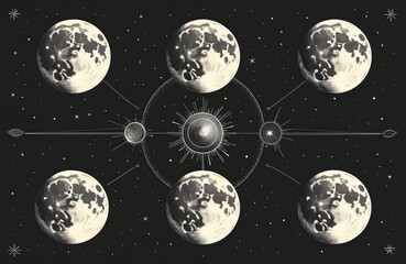 Aufkleber - Vintage engraving illustration depicts moon phases in dark night sky. Different stages of moonlight activity. Astrology, esoteric concept, celestial bodies, cosmos. Retro design tattoo art.