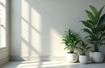 Aufkleber - Light gray interior with green plants in white pots bathed in soft sunlight. Window shadows on white wall, creating stylish minimalist eco-friendly design, modern style for home decor, eco lifestyle.