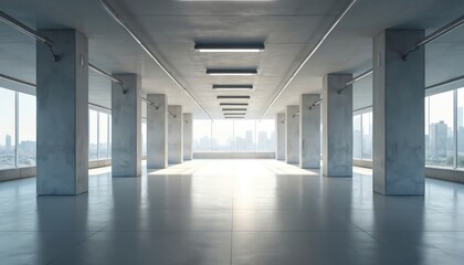 Aufkleber - Modern parking garage interior with city view. Clean minimalist architecture, bright space with concrete columns, fluorescent lights. Empty parking lot with perspective, urban background, bright