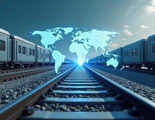 Aufkleber - Illustration shows train tracks leading towards glowing world map, representing global connectivity, tech. Trains symbolize transportation, travel, logistics, linking different continents. Digital