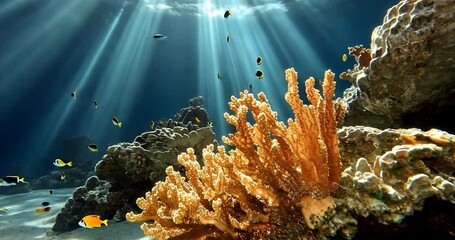 Wall Mural - underwater video scene of a coral reef with sunbeams fishes and rocky formations. orange coral struc