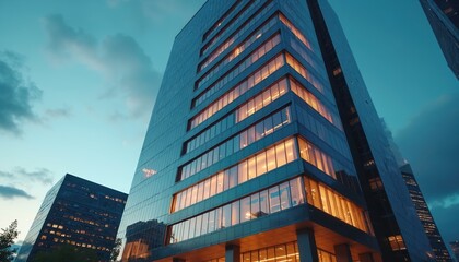 Poster - Modern office skyscraper glows at dusk. Illuminated windows reflect cityscapes. Contemporary architecture in urban setting. Structure stands tall against evening sky. Glass facade with stylish design.