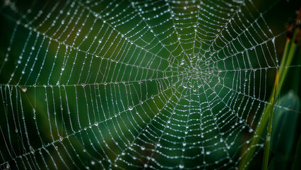 Dewy spiderweb glimmering in nature's intricate design