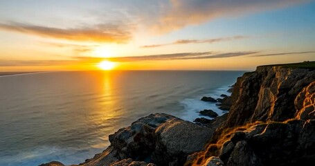 Wall Mural - video of scenic coastal landscape under a vibrant sunset sky with ocean waves crashing against the r