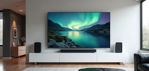 Aufkleber - Modern living room features large flat screen TV, displaying scenic view. Stylish minimalist interior design with contemporary touch. Home cinema, entertainment space. Interior design apartment