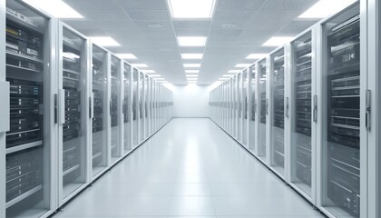 Poster - Bright, organized server room. Modern data center with white walls, bright lighting, high-tech equipment. Servers, switches, routers, networking infrastructure, data storage, transfer. Clean,