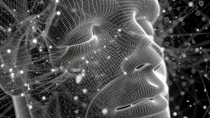 Aufkleber - Futuristic wireframe human face mesh rotating in dark space, revealing intricate digital network with glowing data particles streaming dynamically around neural visualization