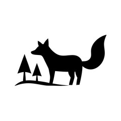 Poster - Silhouette of a canine standing near two coniferous trees in a simple graphic representation
